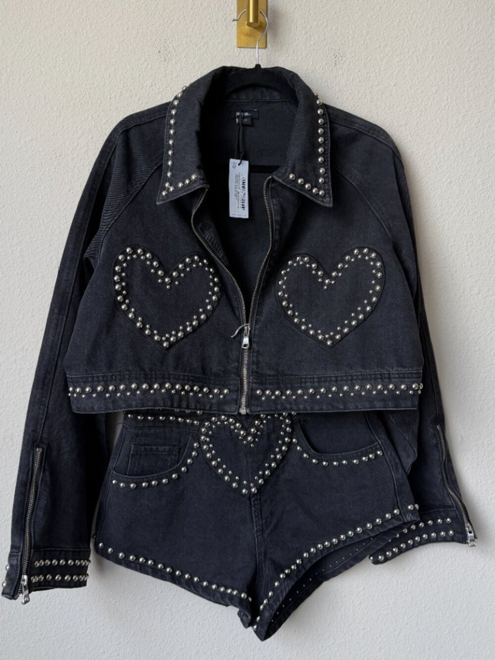 Nasty Gal Matching Set Studded Hearts Denim Jacket & Shorts NWT - Picture 2 of 9